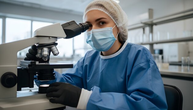 Focused female scientist in protective medical attire examines a sample under a microscope in a bright laboratory