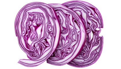 Sliced Red Cabbage Pieces with Fresh Texture, Scattered Composition, Isolated on Background.