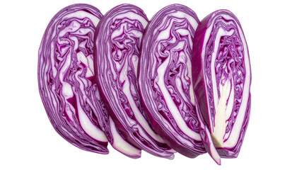 Sliced Red Cabbage Pieces with Fresh Texture, Scattered Composition, Isolated on Transparent Background.