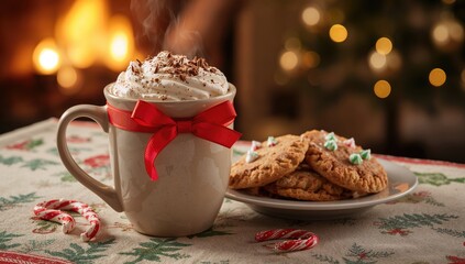 Mug filled with hot chocolate alongside cookies wrapped with a red ribbon, seasonal treat for festive celebrations