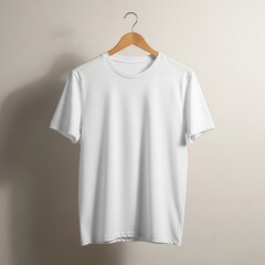 Blank White T-shirt Mockup Hanging on a Wooden Hanger Against a Wall