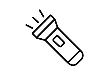 Minimalist black outline of a handheld flashlight or torch casting bright light rays