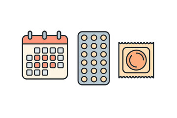 Contraception methods: calendar, oral birth control pills, and condom for safe sex planning