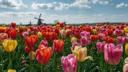 A field of blooming tulips in spring, showcasing vibrant colors and seasonal beauty, floral display