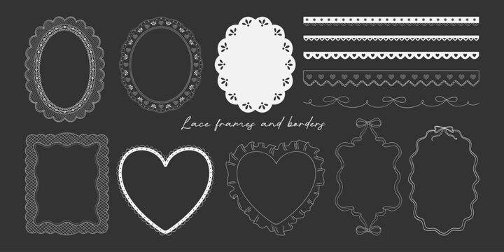 Set of elegant vector lace frames, borders and dividers in white color. Embroidery vintage templates for wedding card and invitation design. Oval, rectangle and heart shaped sewing silhouettes
