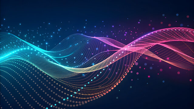 Abstract neon waveform with digital data points - Powered by Adobe
