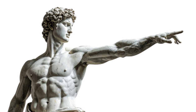 Three-Quarter Perspective of Discobolus Statue, Detailed Musculature and Marble Texture, Isolated on Transparent Background