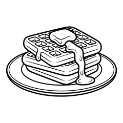 Stack of waffles with syrup or butter on plate dessert breakfast food vector line art illustration