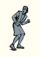 Vector drawing. Adult man flee with fear