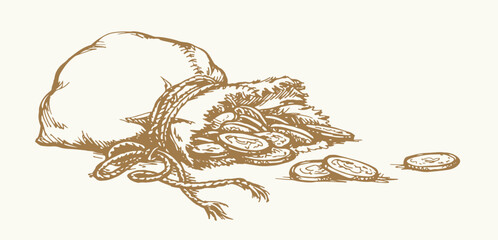 Vector drawing. Bag with coins