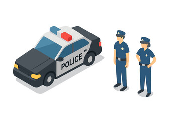 Law enforcement officers standing beside an official police patrol vehicle © Andrei