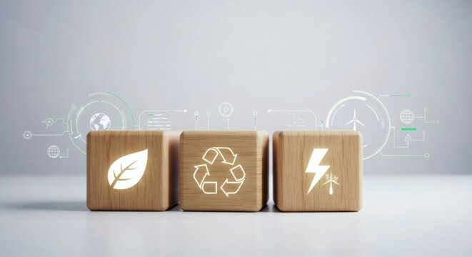Eco sustainability concept – wooden blocks with environmental icons – green energy set