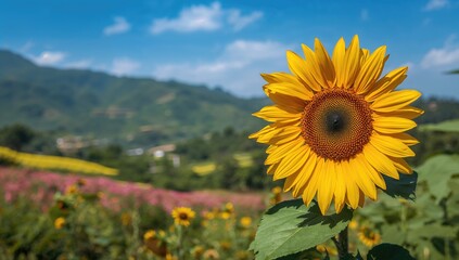 Fototapeta premium Sunflower crop in a rural landscape, showcasing agricultural productivity, World Agriculture Day