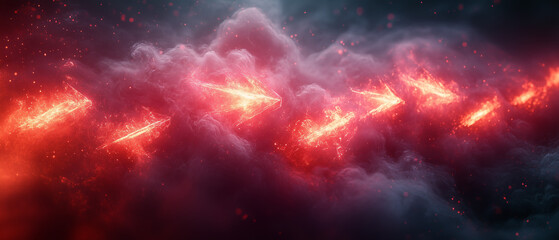 Naklejka premium Dynamic composition of fiery arrows cutting through dark clouds in a cosmic environment