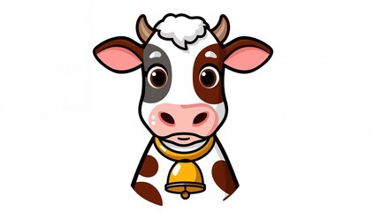 Fototapeta premium Spotted cow wearing a bell, playful farm animal illustration, suitable for children's design