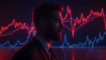 Bearded businessman observing neon red and blue financial charts displaying market trends and data analysis