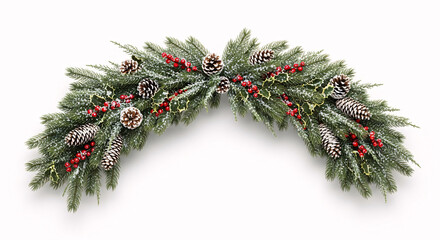 A beautiful frosted Christmas garland adorned with festive red berries and natural pine cones, creating a joyful holiday decoration.