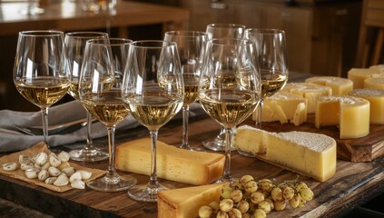 Fototapeta premium Luxury cheese and wine tasting accompanied by waiter service at a farm eatery, ideal for a refined dining outing