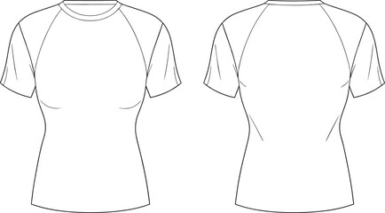 Vector template illustration of women’s fitted short-sleeve raglan t-shirt showing clean front and back views for apparel design mockups