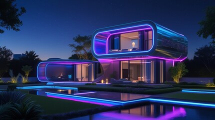 A sleek futuristic home glows at night with vibrant digital lighting accents showcasing advanced smart living and modern tech design, featuring a metallic facade with neon blue and purple hue