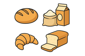 Assortment of freshly baked bread, croissant, flour sack, and milk carton ingredients