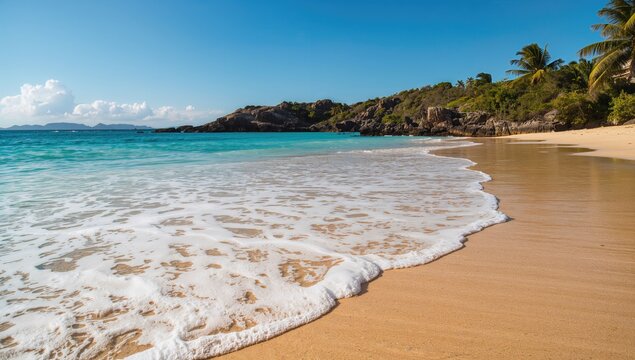 Sunny day at the shore with gentle ocean waves rolling onto the sand