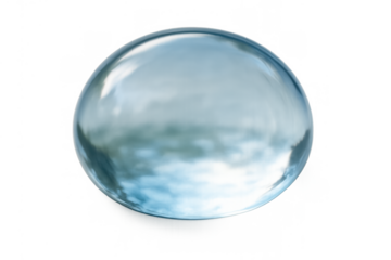 Water drop or bubble sphere with transparent liquid and blue reflections floating on a clean background