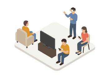 Individuals interacting with VR, mobile phones, and television simultaneously
