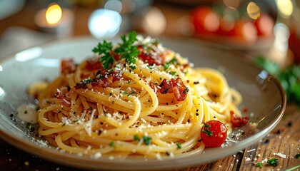 Delicious spaghetti carbonara pasta dish generously topped with grated parmesan cheese and fresh parsley served on a rustic plate with blurred warm background lights creating a cozy dining ambiance