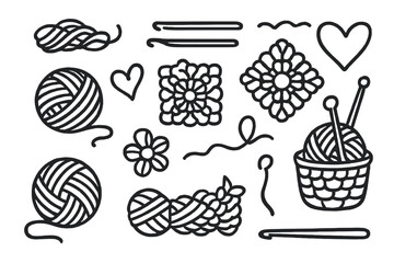 Hand drawn doodle set of knitting and crochet tools yarn balls and decorative patterns