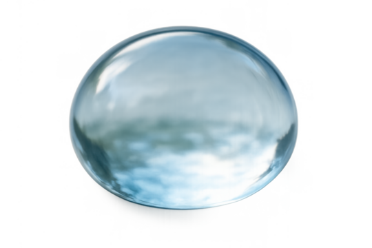 Water drop or bubble sphere with transparent liquid and blue reflections floating on a clean background