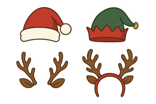 Christmas costume accessories set with Santa hat, elf cap, and reindeer antlers headband