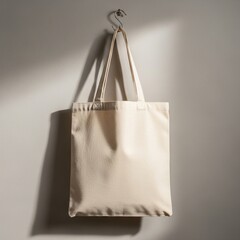 Cream Canvas Tote Bag Hanging on S-hook with Shadows on Minimalist Grey Wall