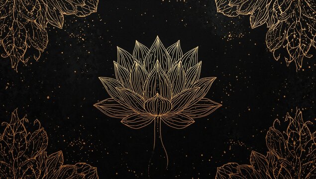 Golden lotus line arts on dark backdrop, suitable for textile prints and digital art applications