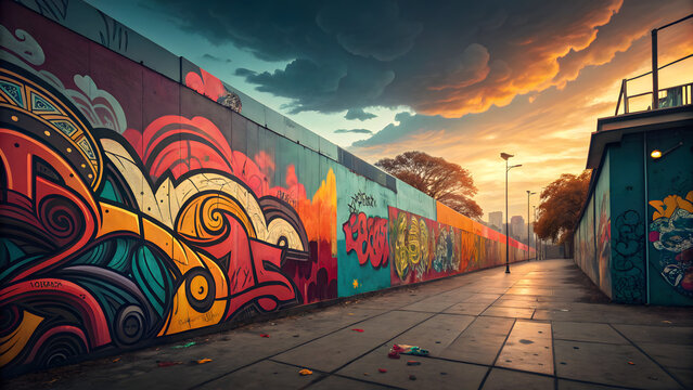Vibrant graffiti art alleyway under a dramatic sunset sky