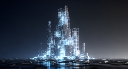 Futuristic city skyline with glowing connections against a dark and moody background