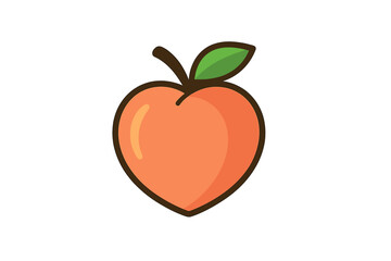 Colorful stylized ripe peach fruit design featuring stem and green leaf on white background