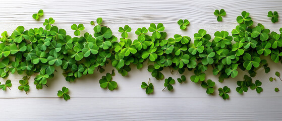 Vibrant green clovers scattered elegantly on a white wooden surface showcasing nature's beauty ai, clovers, green, nature, plants, wood, sunlight, leaves, freshness, tranquility, garden, decoration, h