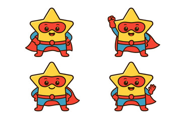 Cute yellow star mascot character dressed as a superhero in various poses
