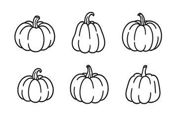 Collection of six black outline pumpkins for autumn harvest and Halloween design