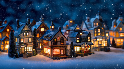 Naklejka premium Winter village christmas snow scene houses lights festive holiday night