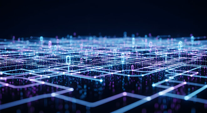 Abstract network of glowing lines and shapes representing data flow and connectivity