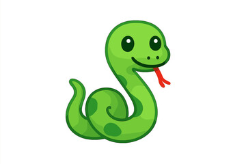 Cute cartoon green snake character with spots coiled up and smiling on a clean background