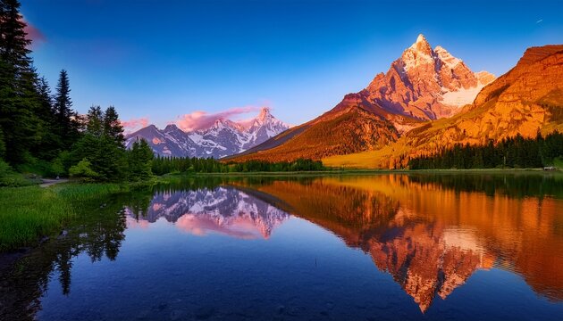 mountain reflection in a serene lake vibrant hues