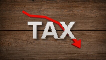 Business concept, Block letters spelling Tax with a downward red arrow, indicating potential financial decline