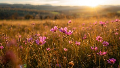 Obraz premium Wild meadow pink flowers illuminated by morning sunlight, seasonal change