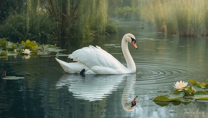 Fototapeta premium White swan gliding gracefully on the water, symbolizing tranquility