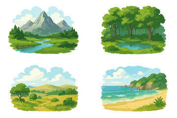 Four natural landscape scenes mountains forest pond rolling hills and tropical beach