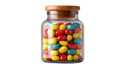 Realistic pills in a bottle glass jar packaging mockup showcasing clean pharmaceutical supplement container design for medical healthcare product presentation isolated on white background