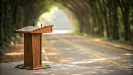 Wooden podium stands ready on a sunlit forest path